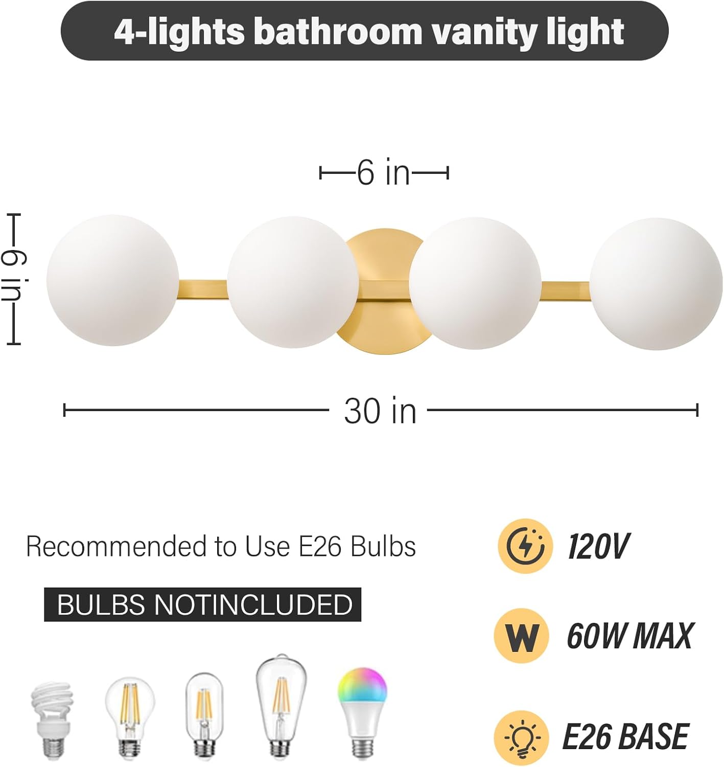 Bathroom Vanity Mirror Light Fixtures: 4 Lights Bath Wall Sconce Lighting - Brass Gold Vanity Lights with Milk Glass Shade - Modern Minimalist Makeup Light Fixture Above Mirror for Hallway E26 Base