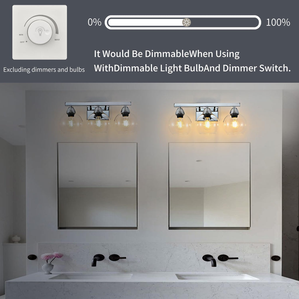 Bathroom Light Fixtures, 3-Light Silver Vanity Light with Hand-Blown Thick Glass Shades, High Transparency & Few Flaws, Wall Sconce for Mirror, Kitchen, Bedroom