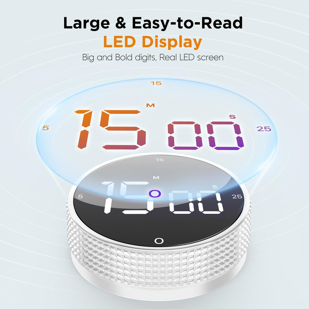 Upgrade Digital Kitchen Timer - 2 Pack Magnetic Countdown Countup Visual Pomodoro Timer with Large LED Display, 3-Preset Times, 3 Volume Levels, Ideal for Cooking, Baking and Fitness (2, White)