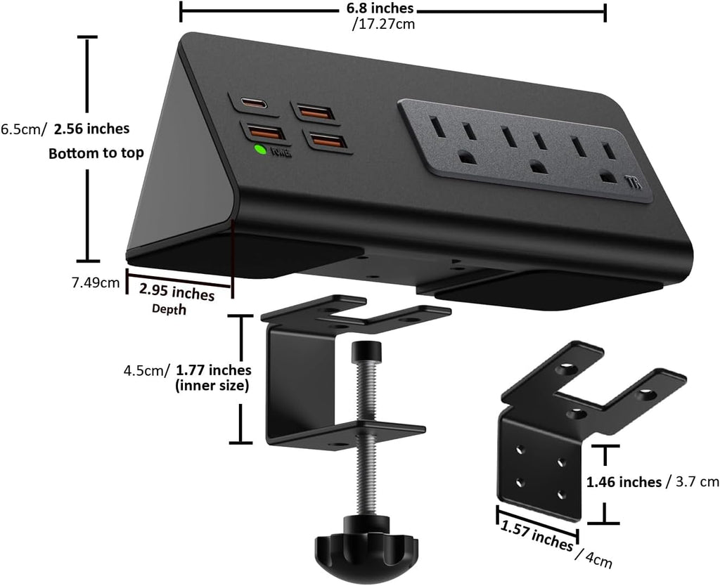 Power Charge Station Edge clamp Mount with USB-C Ports，Tabletop Surge Protector, Desk Clamp Power Sockets with 3 AC Outlets and 4 Fast Charging USB Ports for Home Office Hotel and Dormitory (White)