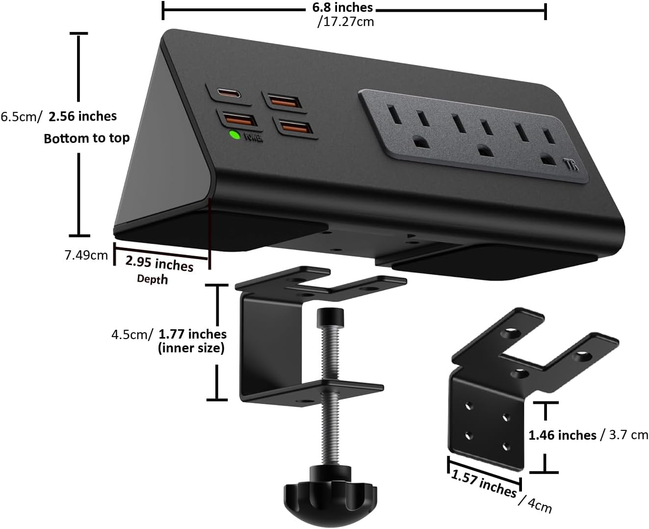 Power Charge Station Edge clamp Mount with USB-C Ports，Tabletop Surge Protector, Desk Clamp Power Sockets with 3 AC Outlets and 4 Fast Charging USB Ports for Home Office Hotel and Dormitory (White)