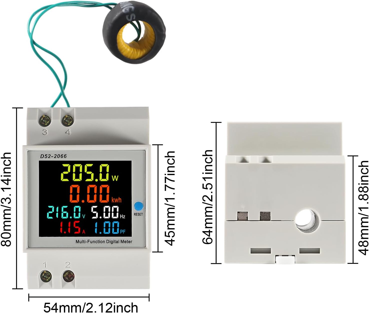 2Pack Single Phase Energy Meter Din Rail Electricity Usage Monitor AC 40-300V 100A Voltmeter Ammeter Watt Kwh Frequency Power Meter External CT 110V