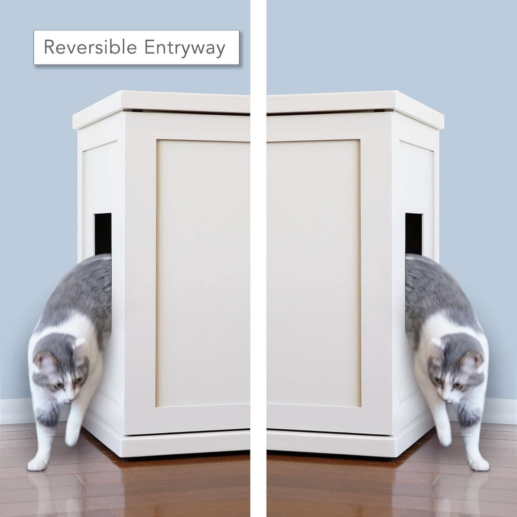 THE REFINED FELINE Cat Litter Box Enclosure Cabinet, Cottage, White, Mid-Century Feet, XLarge, Hidden Litter Cat Furniture with Drawer