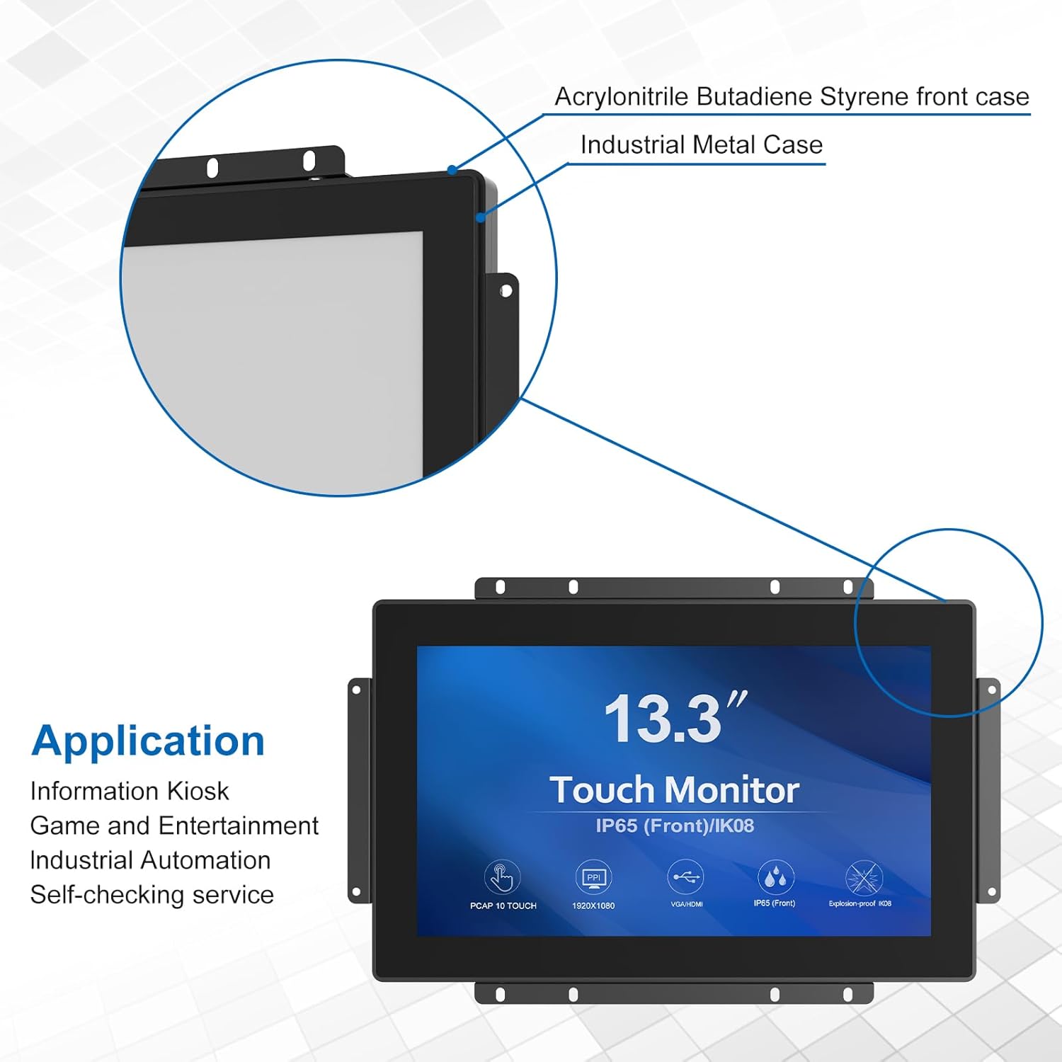 13.3 Inch 1000 Nits High Brightness 10 Points Open Frame Touch Display, Industrial PCAP Touchscreen Monitor, VGA+HDMI+DVI Port - 16:9-1920 x1080
