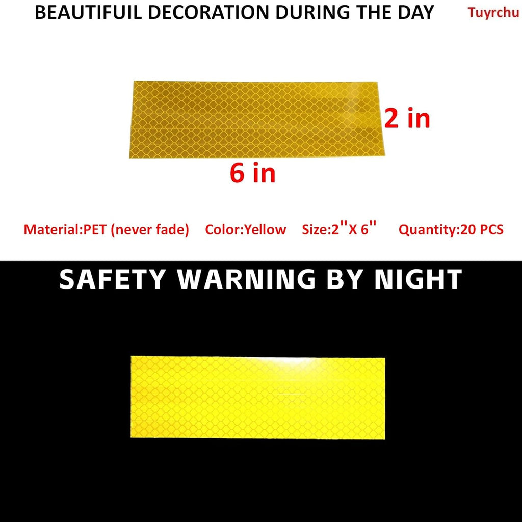 Non Fading Yellow Reflective Stickers 2 inch X 6 inch, Outdoor Waterproof High Visibility Warning Safety Adhesive Reflector Tape (20 Pcs)