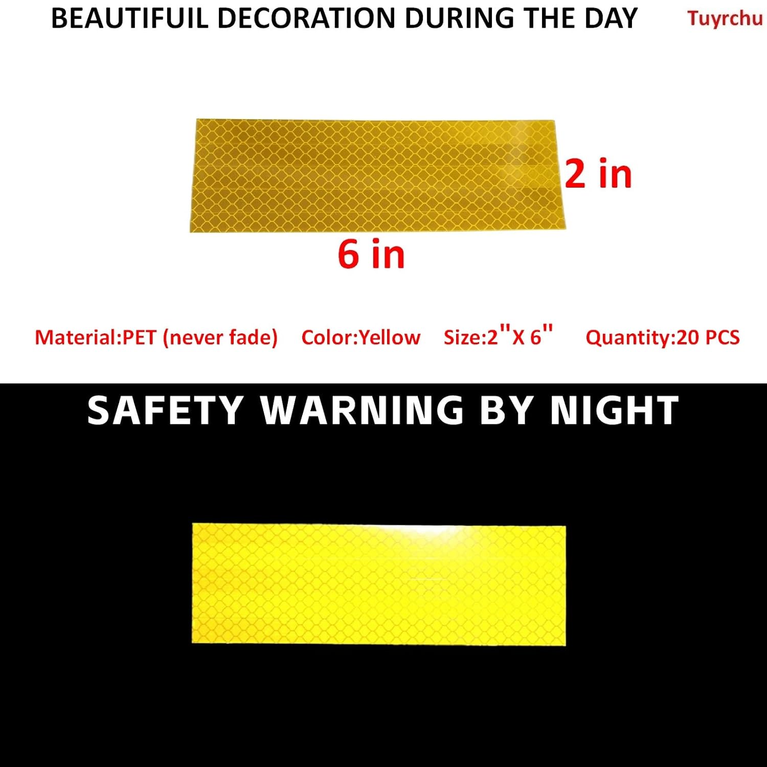 Non Fading Yellow Reflective Stickers 2 inch X 6 inch, Outdoor Waterproof High Visibility Warning Safety Adhesive Reflector Tape (20 Pcs)