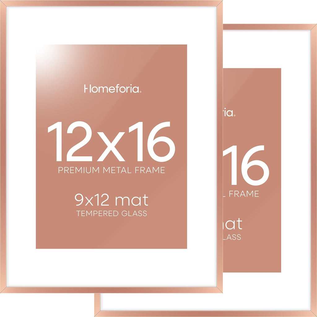 Homeforia 12x16 Rose Gold Picture Frame, High End Metal 12x16 Poster Frames with Mat 9x12 Photo, 12 x 16 Rose Gold Frames Matted to 9 by 12 Print, 16x12 Thin Frames, Tempered Glass, Wall Kit, Set of 2
