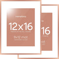 Homeforia 12x16 Rose Gold Picture Frame, High End Metal 12x16 Poster Frames with Mat 9x12 Photo, 12 x 16 Rose Gold Frames Matted to 9 by 12 Print, 16x12 Thin Frames, Tempered Glass, Wall Kit, Set of 2