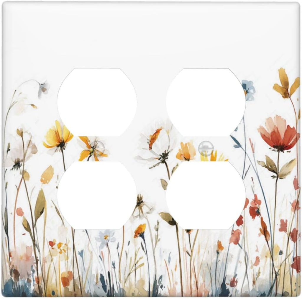Watercolor Wildflower Colorful Floral Plant Outlet Covers 2 Gang Double Duplex Decorative Light Switch Covers Electrical Wallplates Socket Faceplate for Bed Room Living Room Decor
