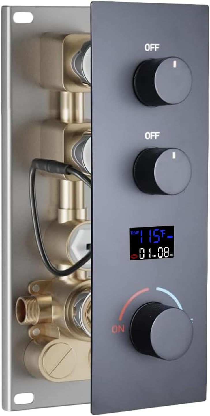 2 Way Shower Diverter Valve Brass 2 Functions Digital Temperature Display Thermostatic Shower Mixing Valve Kit 3 Handle Flow Cotrol Valve, Can Run Simultaneously Matte Black