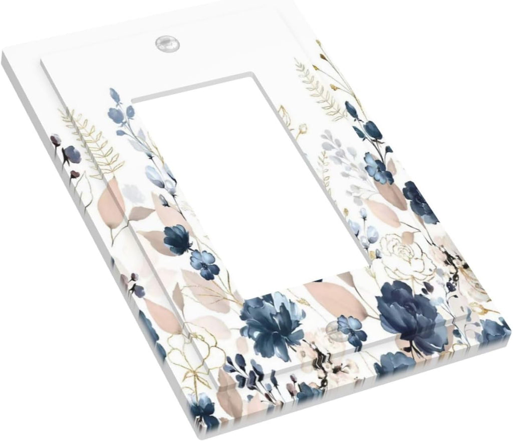 Blue Flora Boho Vintage Flower Golden Leaves Decorative Outlet Covers 1 Gang Single Rocker Light Switch Cover Plate Wall Plates GFCI Faceplate for Bedroom Living Room Decor