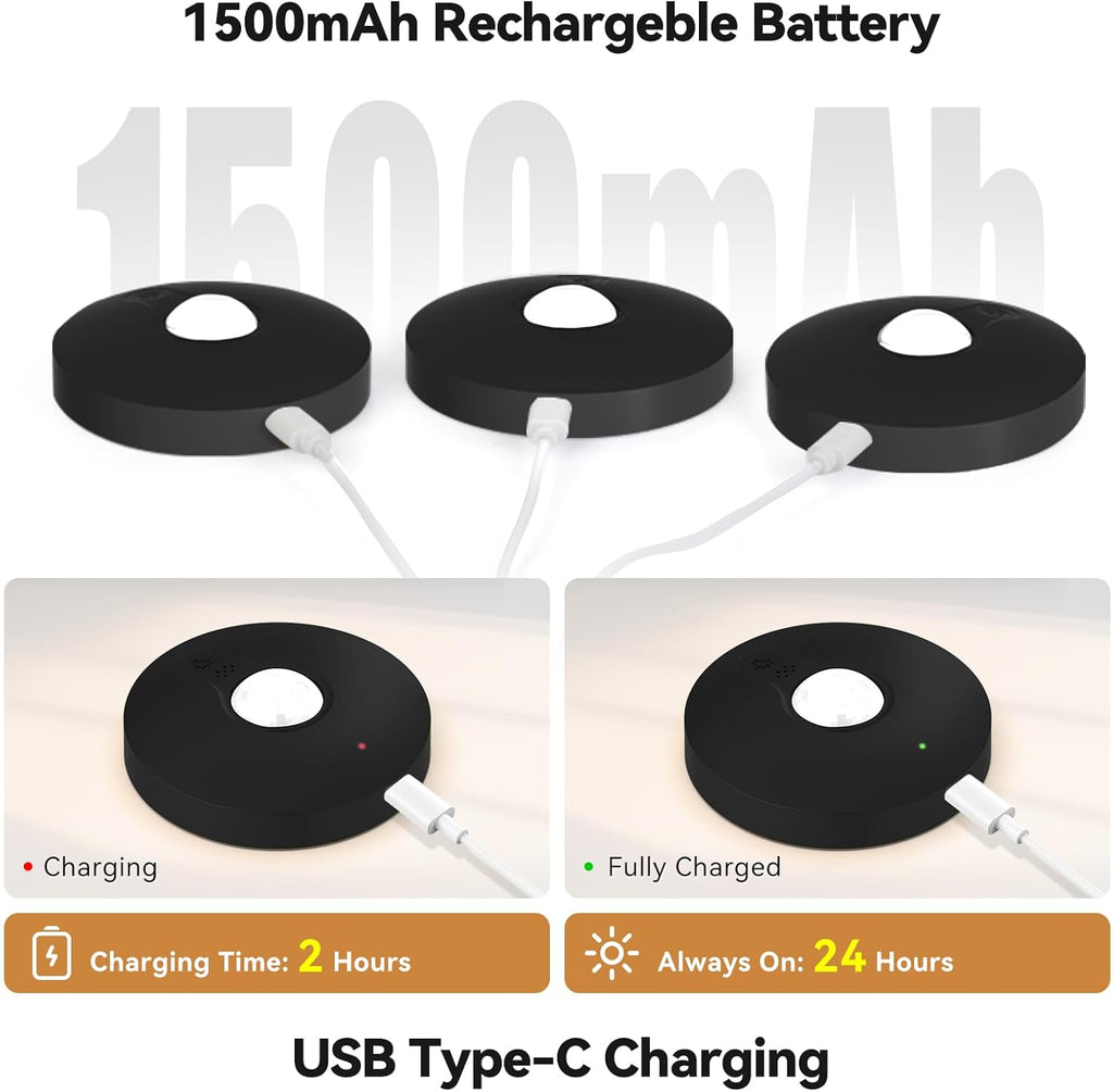 Yiliaw Rechargeable Puck Lights with Remote, 12 Pack Magnetic Under Cabinet Lighting, 1500mAh Battery Operated LED Tap Lights with Dimmer & Timmer for Kitchen, Closet, Shelf - 3 Color Temps, Black