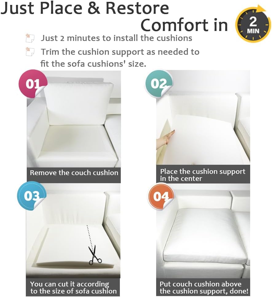 Couch Cushion Supports for Sagging Seat 22'' x 22'' High Density 40D Curved Foam Sofa Cushion Support Under The Saggy Pads Firmer Foam Lifters for Saggy Couch Set of 3 (White, 22''*22'')