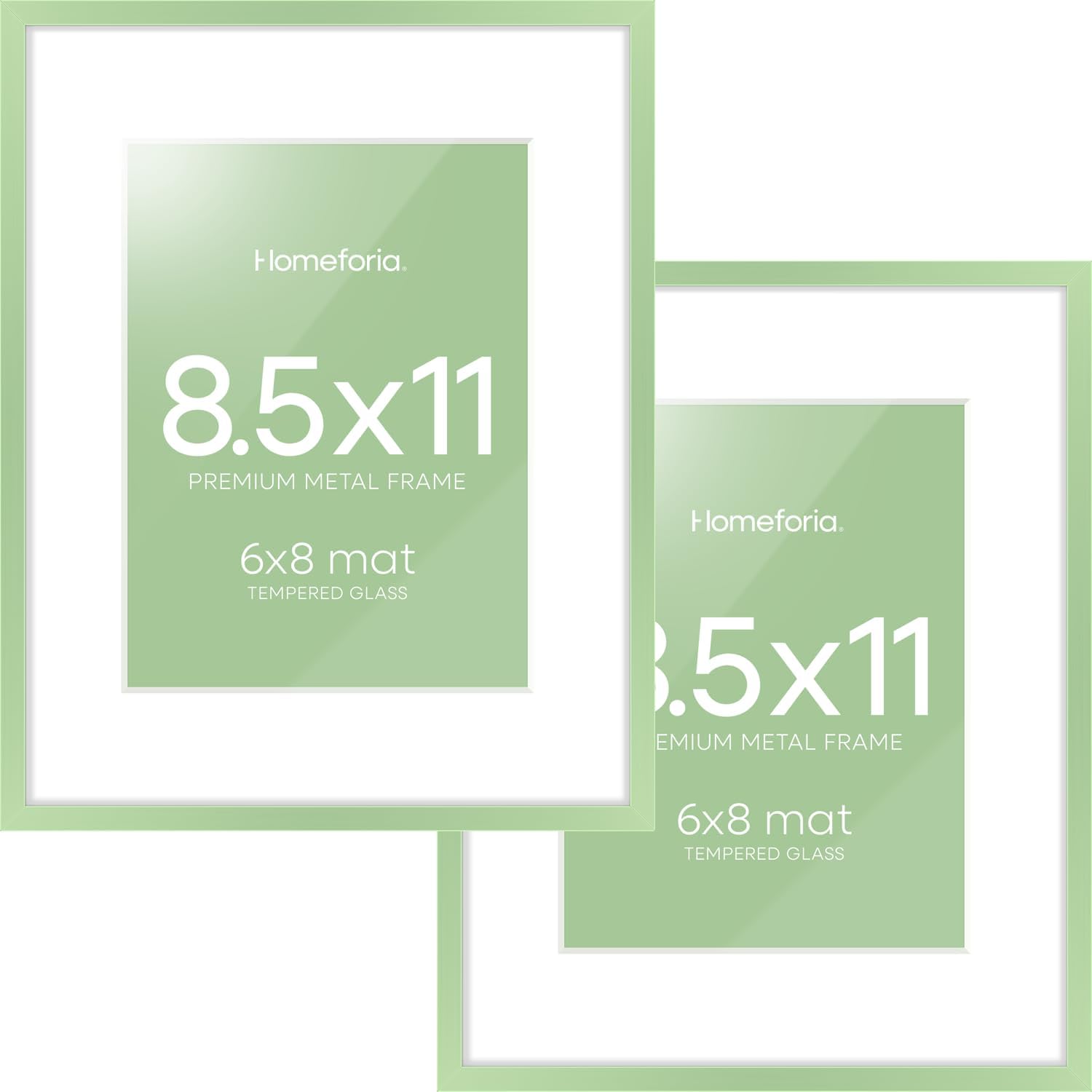 Homeforia 8.5x11 Sage Green Frame, High End Metal 8.5 x 11 Picture Frames with Mat 6 by 8 inch Photo, 11x8.5 Poster Frame Matted to 6x8 Art, Wall or Tabletop Frames, Tempered Glass, Wall Kit, Set of 2