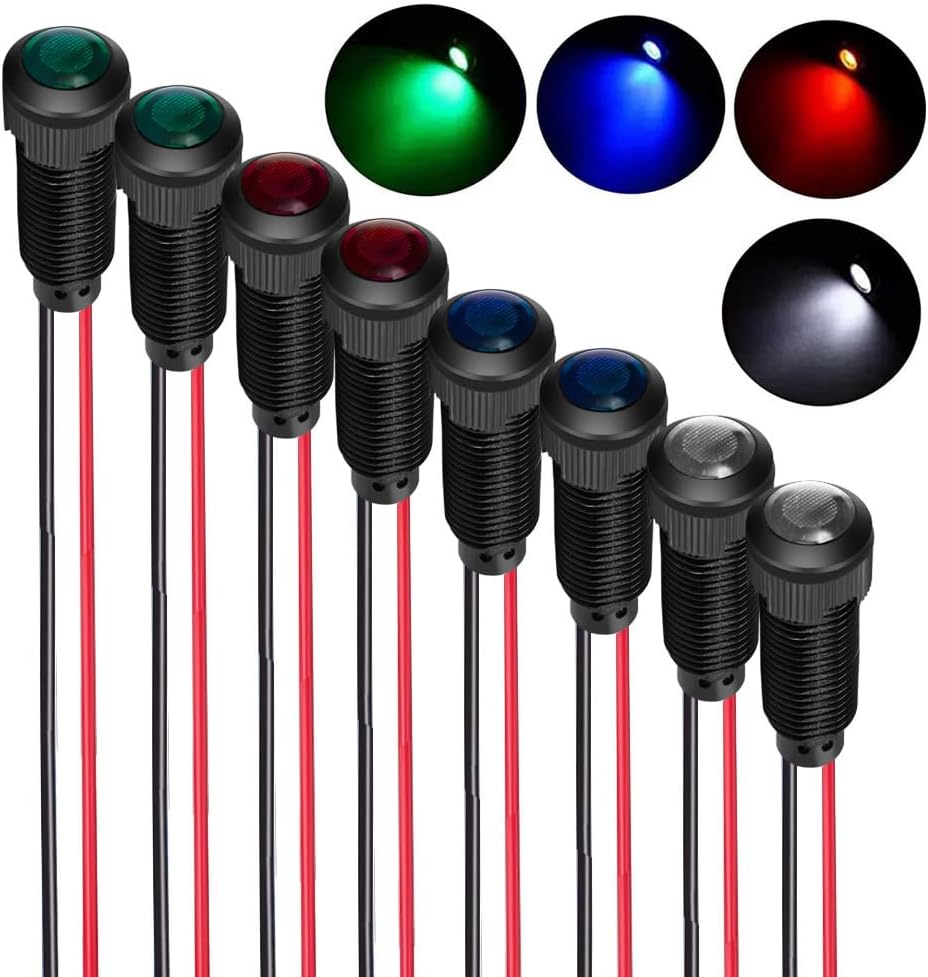 8pcs Red/Blue/Green/White LED Indicator Pilot Light AC/DC 12-24V Mounting Hole Size 8mm(Flame Retardant Plastic Shell)