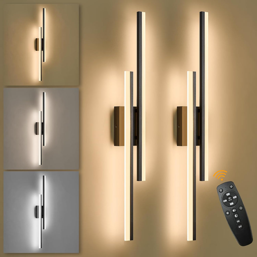 LED Wall Sconce Set of 2 Black Remote Modern LED Vanity Lights Set of 2 Indoor Wall Light Fixtures for Living Room, Dimmable Wall Sconce for Bedside Bedroom Bathroom, 31.5inch 2 Pack