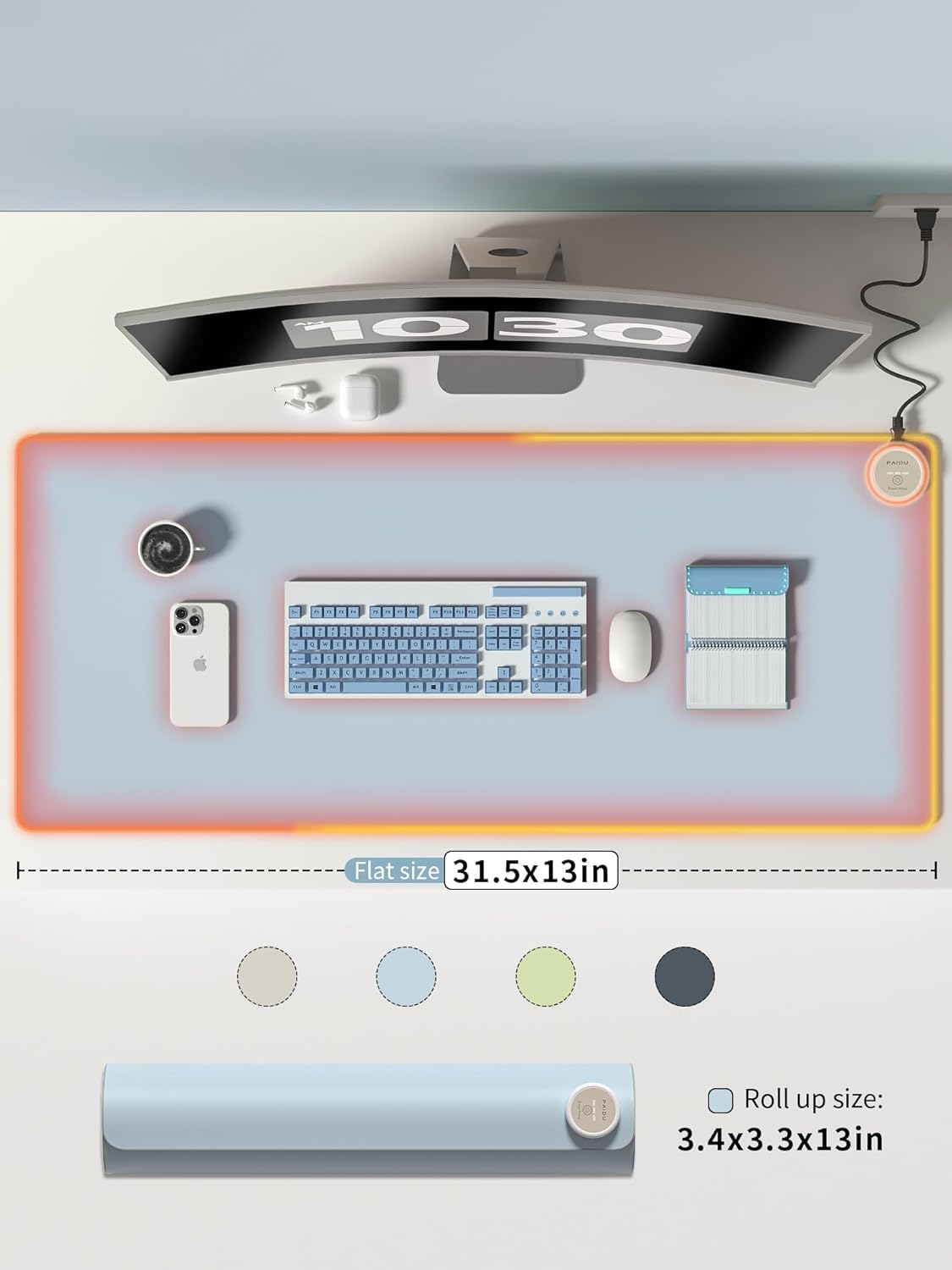 Heated Mouse Pad Hand Warmers, Electric Warm Office Desk Mat, 31.5" x 13", 3 Control Levels Temperature 3 Hours Auto Shut-Off, Suitable for Home/Offices Computer Keyboard Pads (Blue)