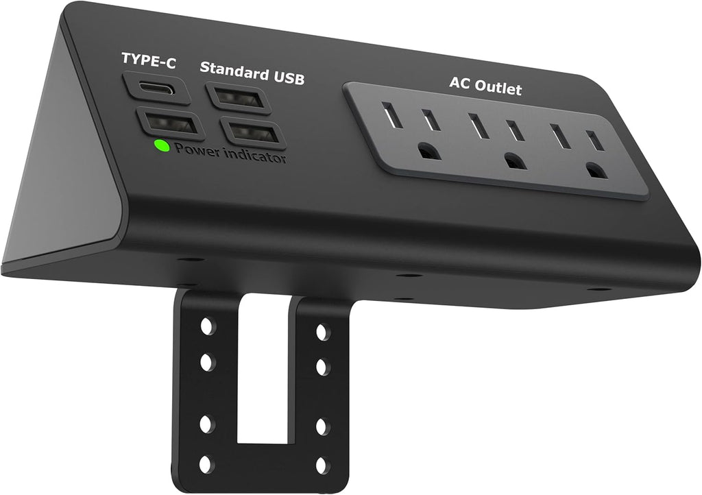 Power Charge Station Edge clamp Mount with USB-C Ports，Tabletop Surge Protector, Desk Clamp Power Sockets with 3 AC Outlets and 4 Fast Charging USB Ports for Home Office Hotel and Dormitory (Black)