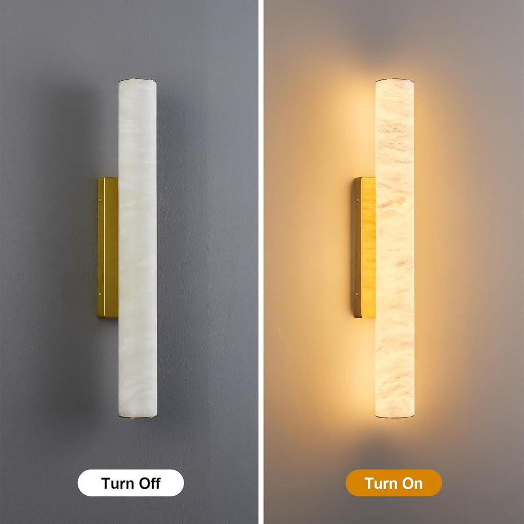 LMQNINE Natural Alabaster Wall Sconces Set of Two Spanish Marble Wall Light Cylinder Modern Gold LED Sconce for Living Room Bedroom Bathroo Stairs（M-2Pack）