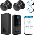 Smart Door Lock with Door Knobs, Fingerprint Door Lock with Handle, Black Smart Lock Round Handles for Home, Apartment