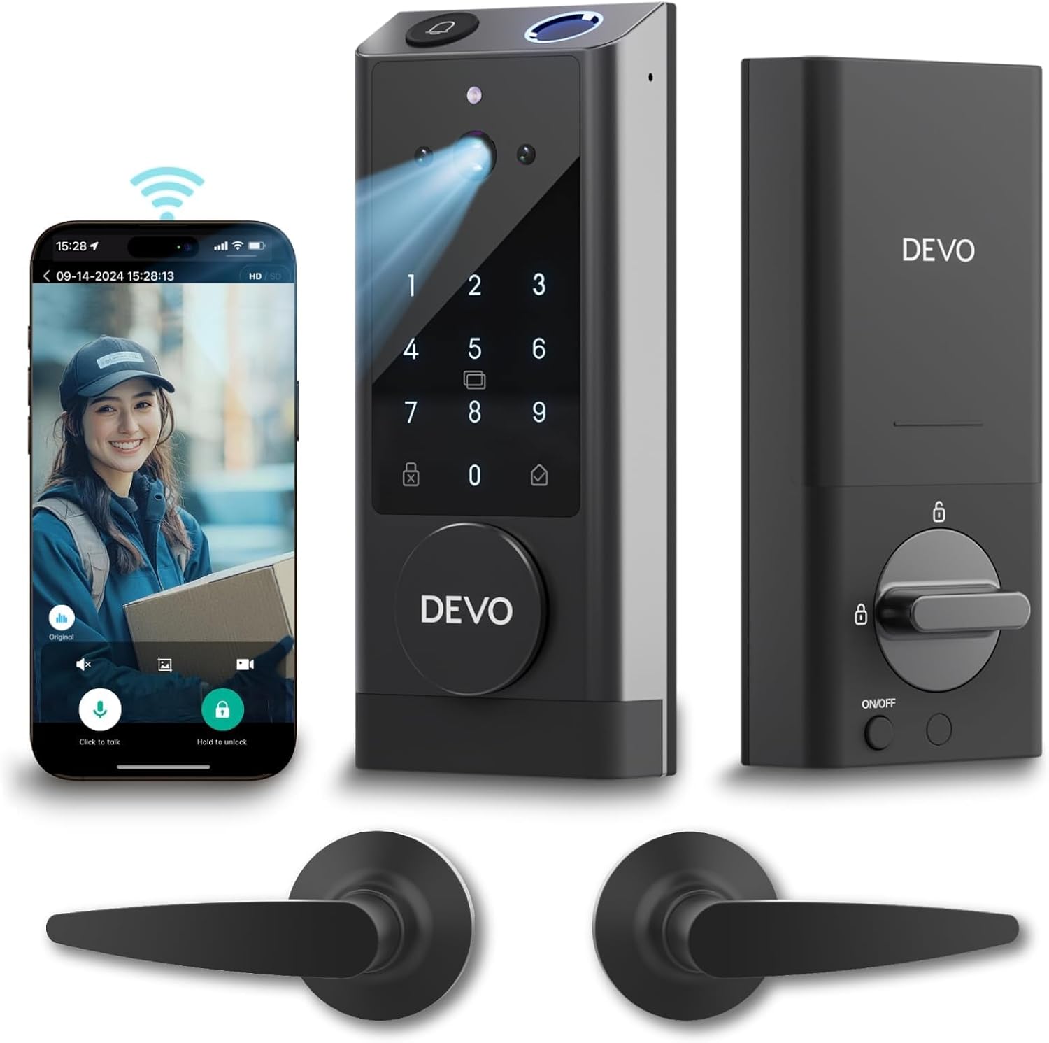 Devo G1 Video Smart Lock with Camera&Doorbell, 6-in-1 Keyless Entry Door Lock Deadbolt with Handle Set, App Remote, Fingerprint ID, Auto Locks, Built-in Wi-Fi Smart Deadbolt for Front Door