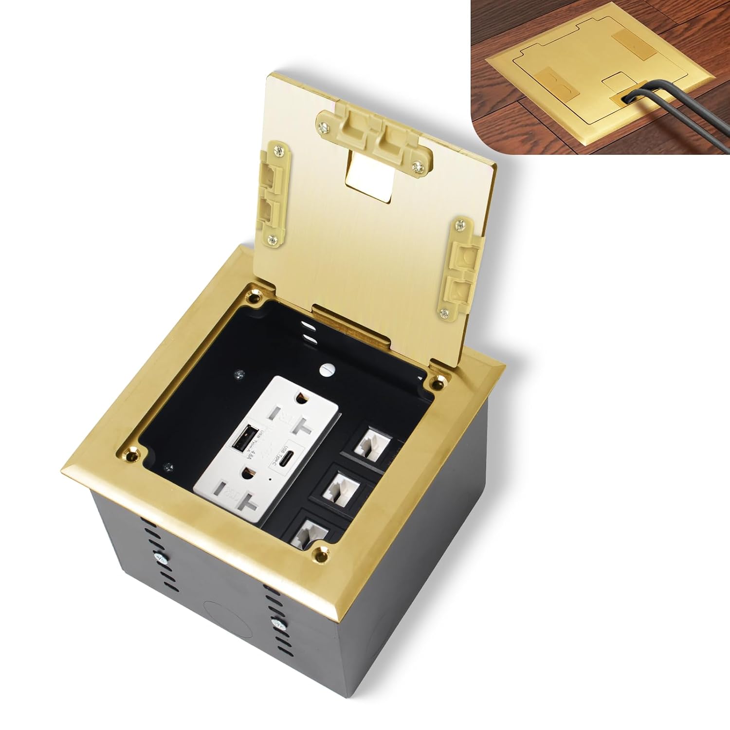 KYHSHJ Recessed Flat Hidden Socket Kit with 2 * 20A Receptacle，4.8A 1 USB-A Ports &1 USB-C Port+3-Port RJ45 Datacom Receptacle. Internal Height Adjustable，Corrosive Resistant Hardware,Brass