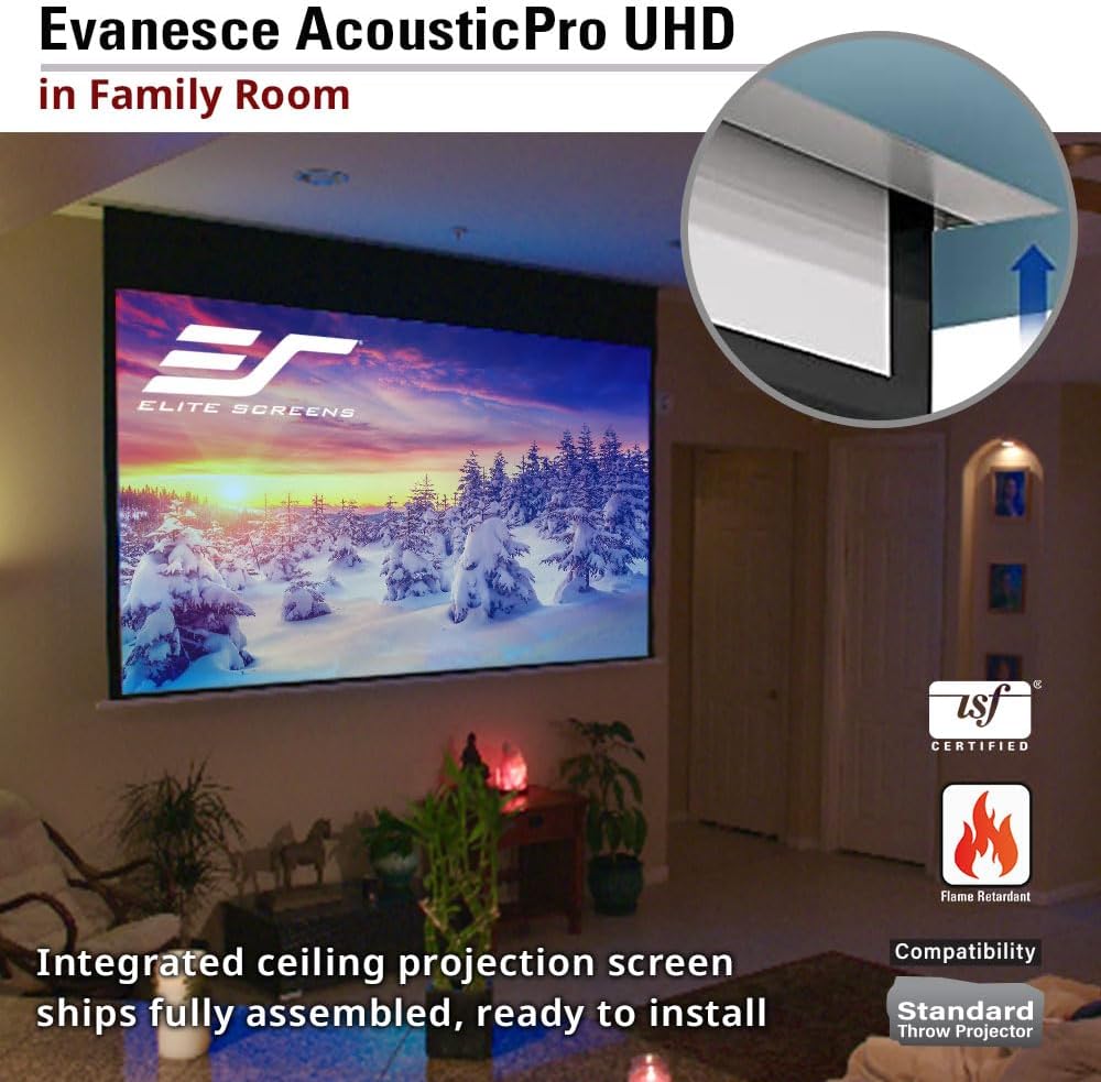 Elite Screens 140-Inch Sound Transparent Front Projection AcousticPro UHD Recessed In-Ceiling Electric Projector Screen in White