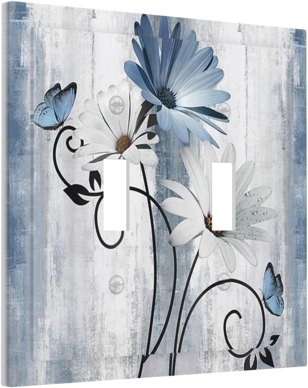 Decorative Light Switch Cover Plate Rustic Blue White Daisy Ink Flower 2 Gang Outlet Covers Double Toggle Wall Plates for Electrical Outlets Switch Plate Covers for Bedroom Home Decor