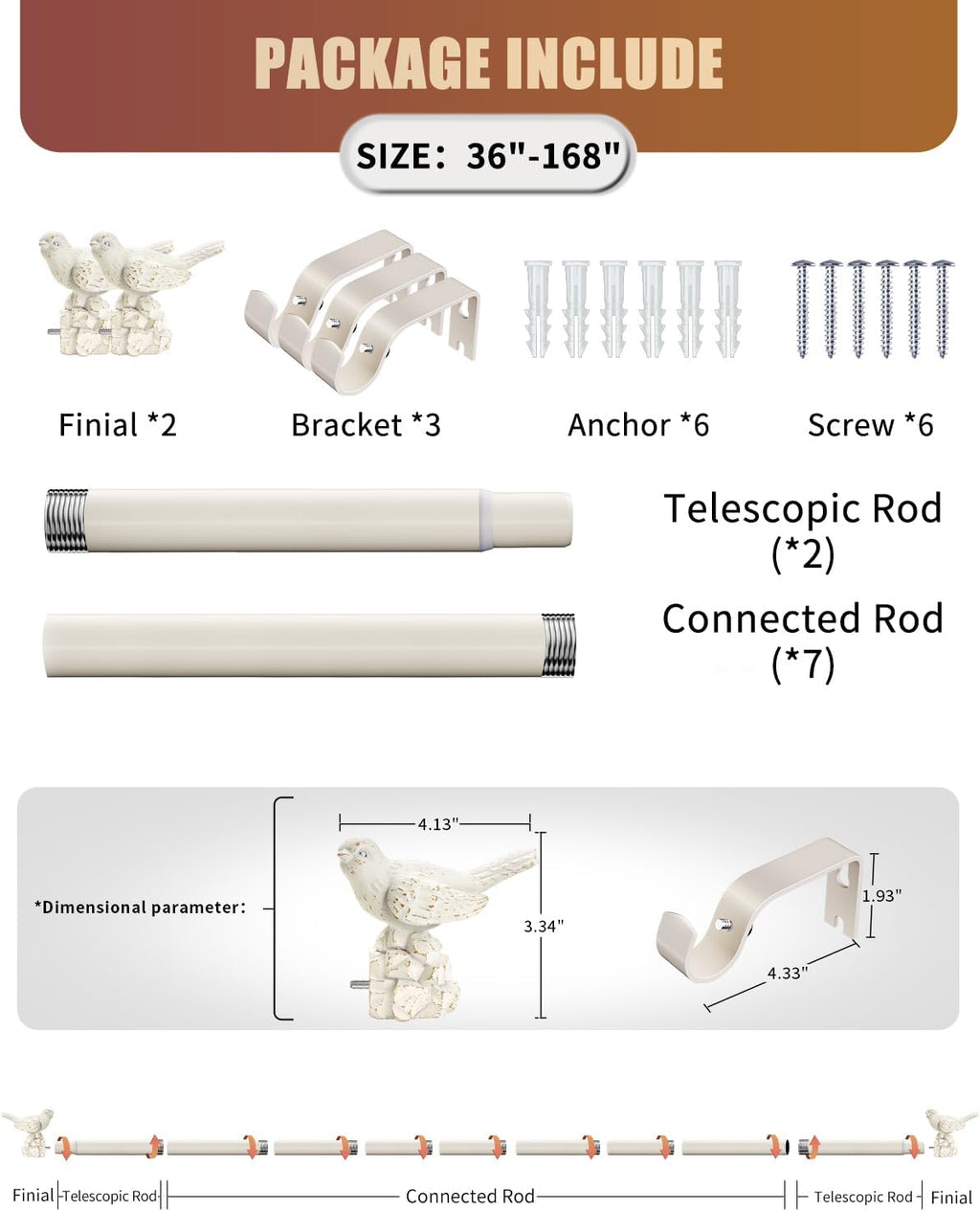 Curtain Rod 36 to 168 Inches White Curtain Rods for Windows Adjustable Drapery Rod with Bird Finials Heavy Duty Window Curtains Rods for Living Room Bedroom