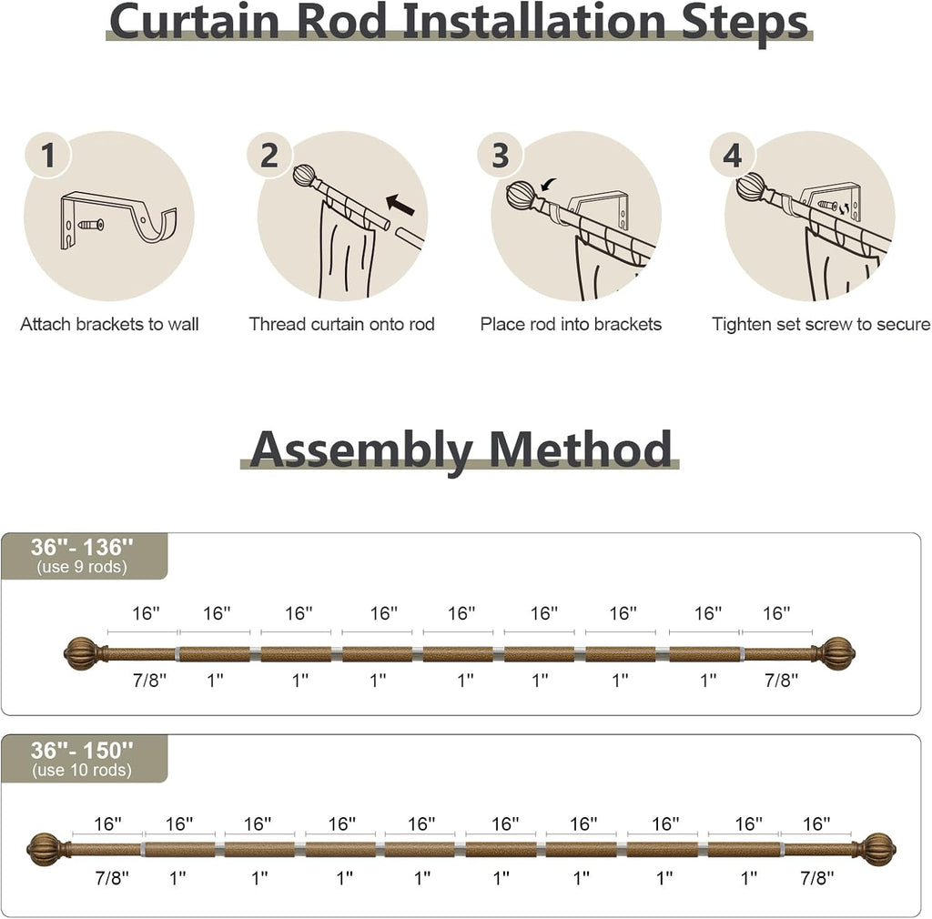 Antiqued Bronze Curtain Rods for Windows 72 to 144 Inch, 1'' Adjustable Heavy Duty Curtain Rod，Vintage Decorative Drapery Rods with Pumpkin Finials for Bedroom Living Room