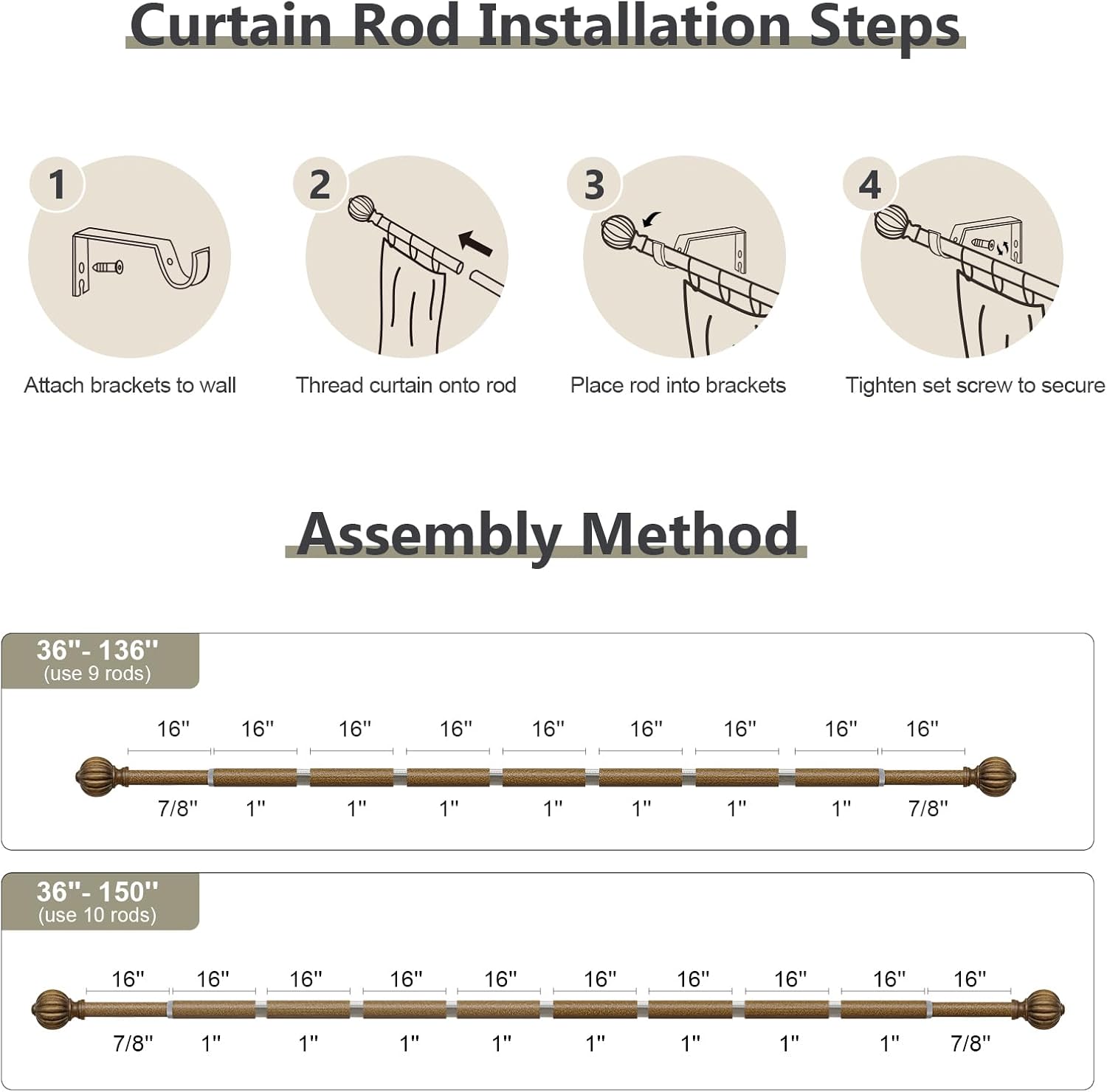 Antiqued Bronze Curtain Rods for Windows 72 to 144 Inch, 1'' Adjustable Heavy Duty Curtain Rod，Vintage Decorative Drapery Rods with Pumpkin Finials for Bedroom Living Room