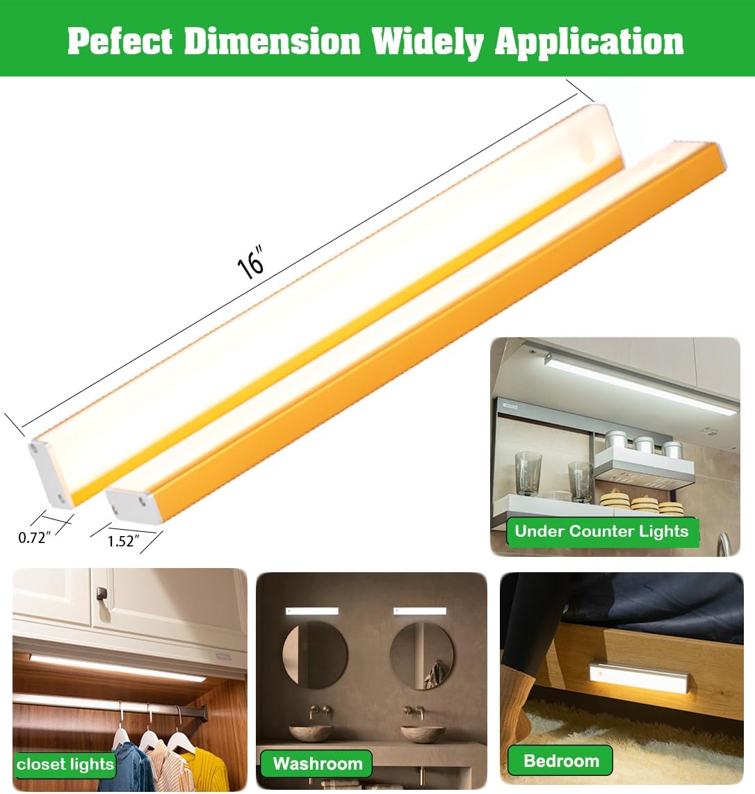 Under Cabinet Lights LED Closet Light Motion Sensor Wireless Rechargeable Battery Operated Magnetic Night Lights Counter Lighting for Kitchen,Hallway,closet,Stairs,Pantry (gold-warm white, 40cm)