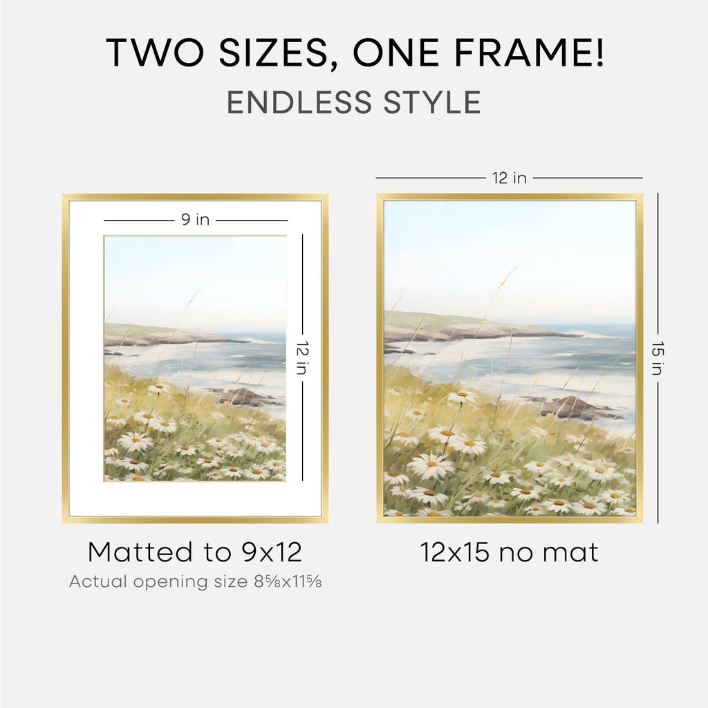 Homeforia 12x15 Picture Frame Gold, High End Metal 12x15 Poster Frames with Mat 9x12 for Photo, 12 x 15 Gold Frame Matted to 9 by 12 Print, 15x12 Thin Hanging Frame, Tempered Glass, Wall Kit, Set of 1