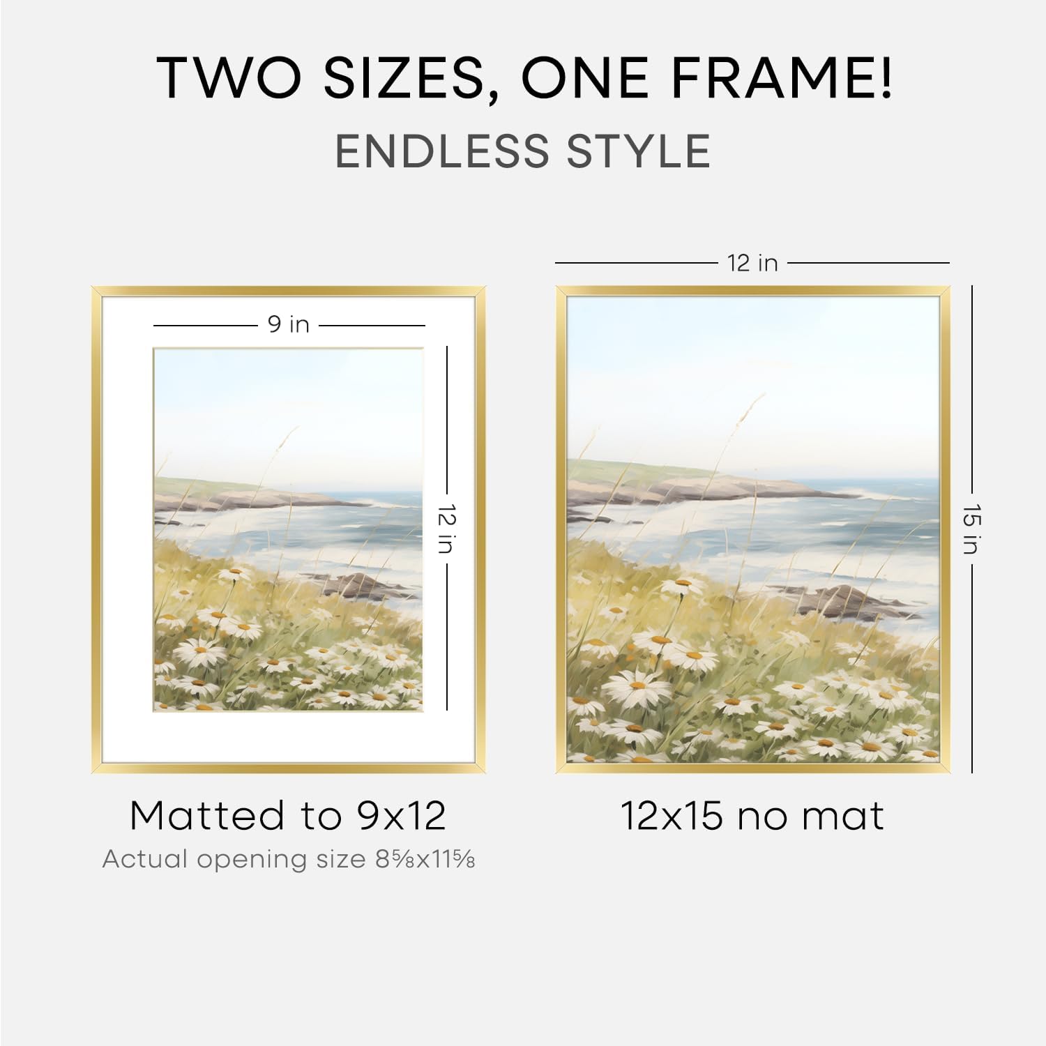 Homeforia 12x15 Picture Frame Gold, High End Metal 12x15 Poster Frames with Mat 9x12 for Photo, 12 x 15 Gold Frame Matted to 9 by 12 Print, 15x12 Thin Hanging Frame, Tempered Glass, Wall Kit, Set of 1