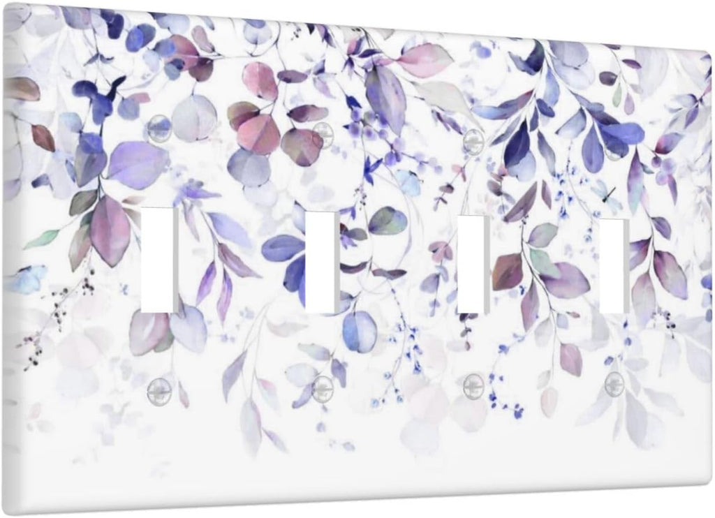 Purple Eucalyptus Watercolor Floral Rustic Leaf Light Switch Covers Quad Toggle Electrical Faceplate 4 Gang Wall Plate Decorative Switch Plates for Farmhouse Home Decor