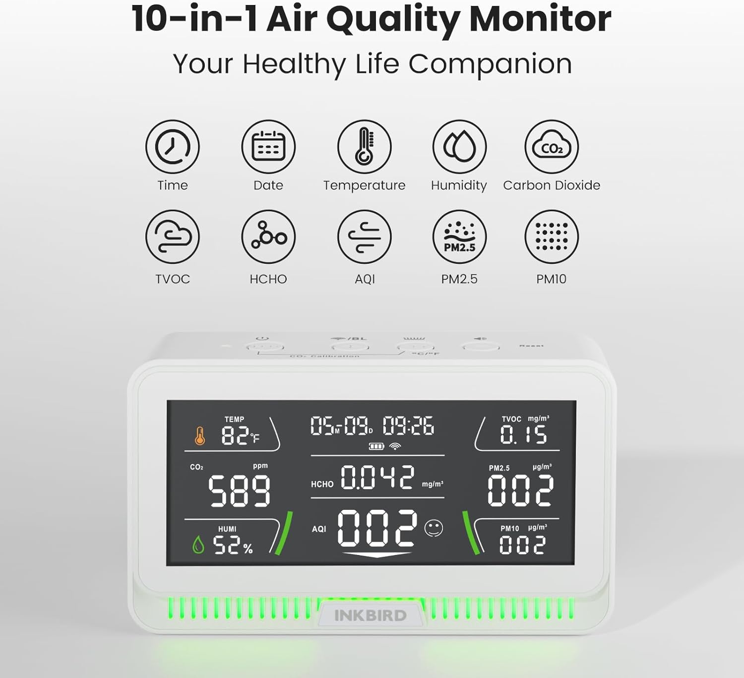 10-in-1 Air Quality Monitor with WiFi App Alerts | CO2, PM2.5, HCHO, TVOC Detector | 6.1" HD Display & 2Y Data Storage | Wall/Desk Mount for Home, Office, School (White)