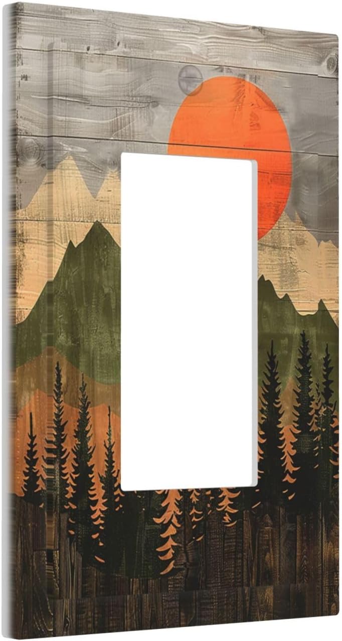 Decorative Outlet Covers Vintage Wood Grain Sun Forest Mountains 1 Gang Single Rocker Light Switch Cover Plate Wall Plates GFCI Faceplate for Farmhouse Cabin Decor