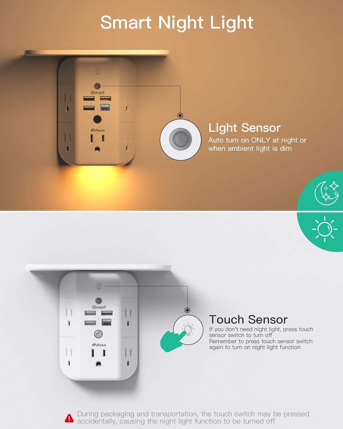 PD20W Wall Outlet Extender, Outlet Splitter with Shelf and Night Light, USB Wall Charger with 5 AC Outlets and 3 USB A Ports 1 USB C Ports Wide Space 3-Sided Power Strip Multi Plug Outlets