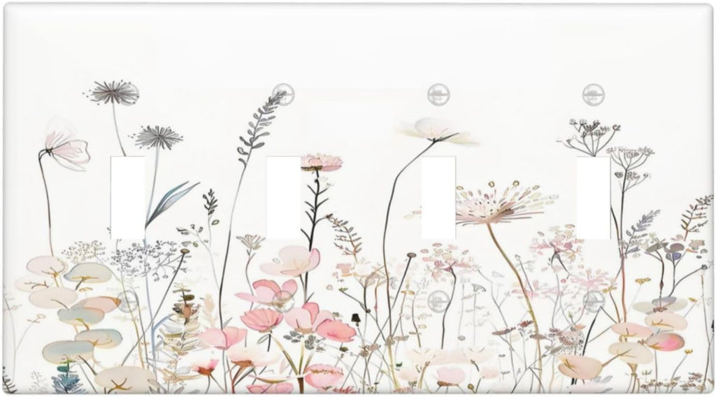 Floral Watercolor Wildflower Dandelion Plant Light Switch Covers Quad Toggle Electrical Faceplate 4 Gang Wall Plate Decorative Switch Plates for Farmhouse Bed Room Decor