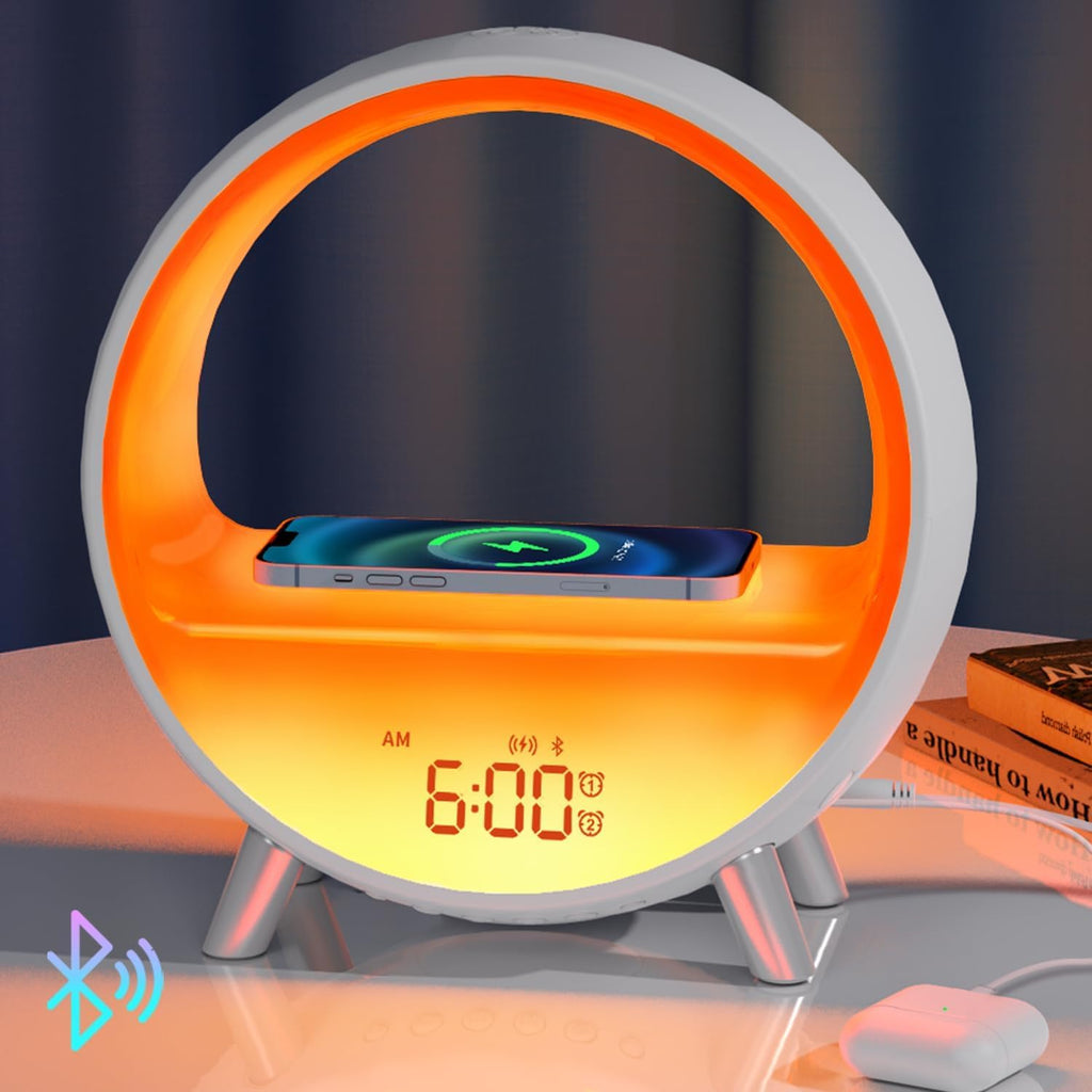 MOMILLA Sunrise Alarm Clock with Wireless Charging Station, Bluetooth Speaker, White Noise Sound Machine, Night Lights Table Lamp, Alarm Clocks for Heavy Sleepers Bedrooms Kids/Baby/Adults