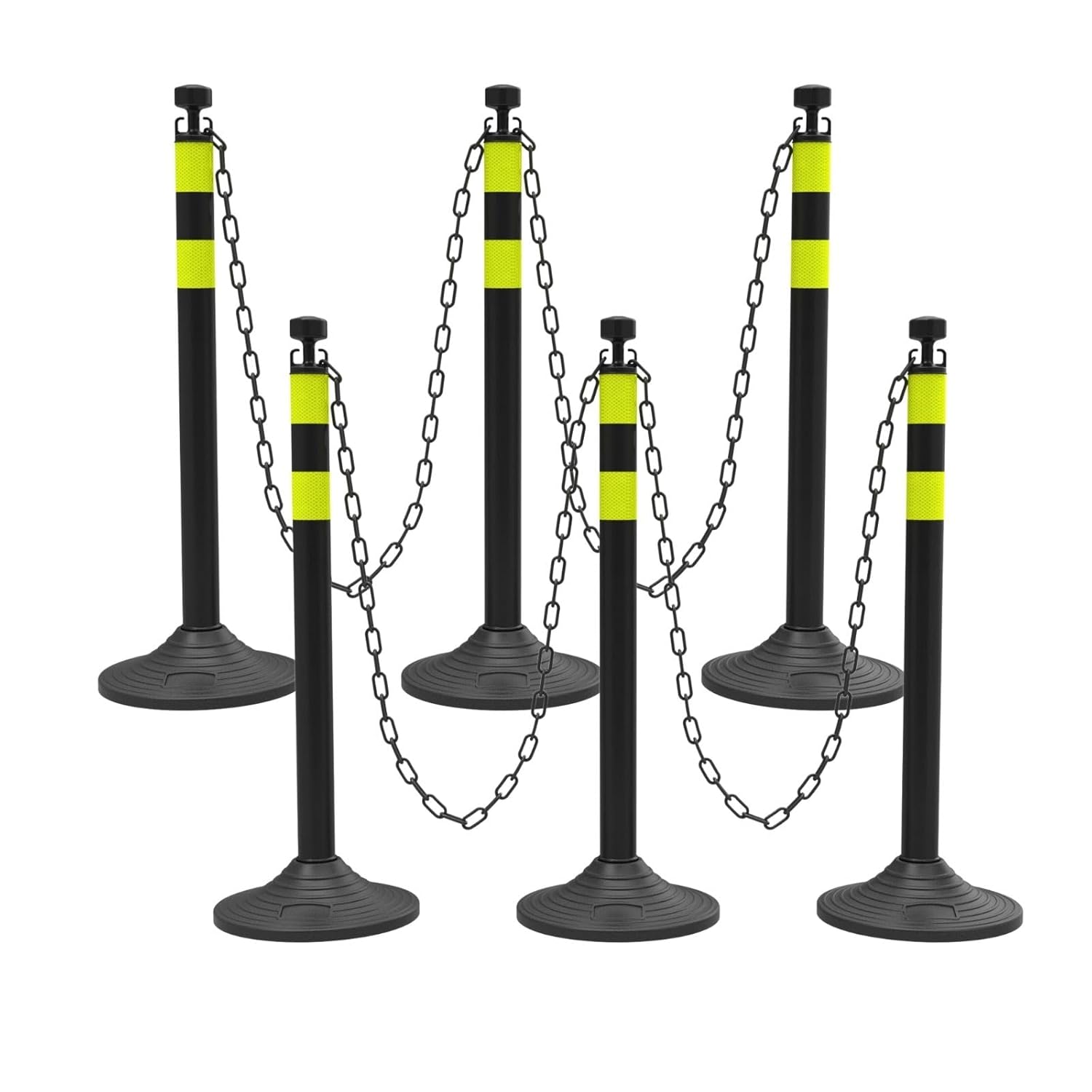 6 Pack Traffic Delineator Post Cones with Plastic Chain Crowd Control Barriers - Expandable 40" Traffic Control Cones, 6 x 6.6 Ft Chains for Indoor & Outdoor Use (Black-Rubber Base)