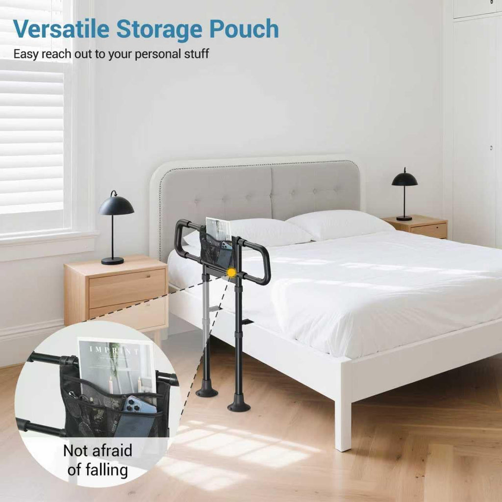 Bed Rails for Elderly Adults Safety:Adjustable Bedside Assist Rails with Storage Pockets,400LB Gravity Capacity, Non-Slip Handle, Sensor Night Light & Storage Pocket – Bed Cane & Handrail for Seniors