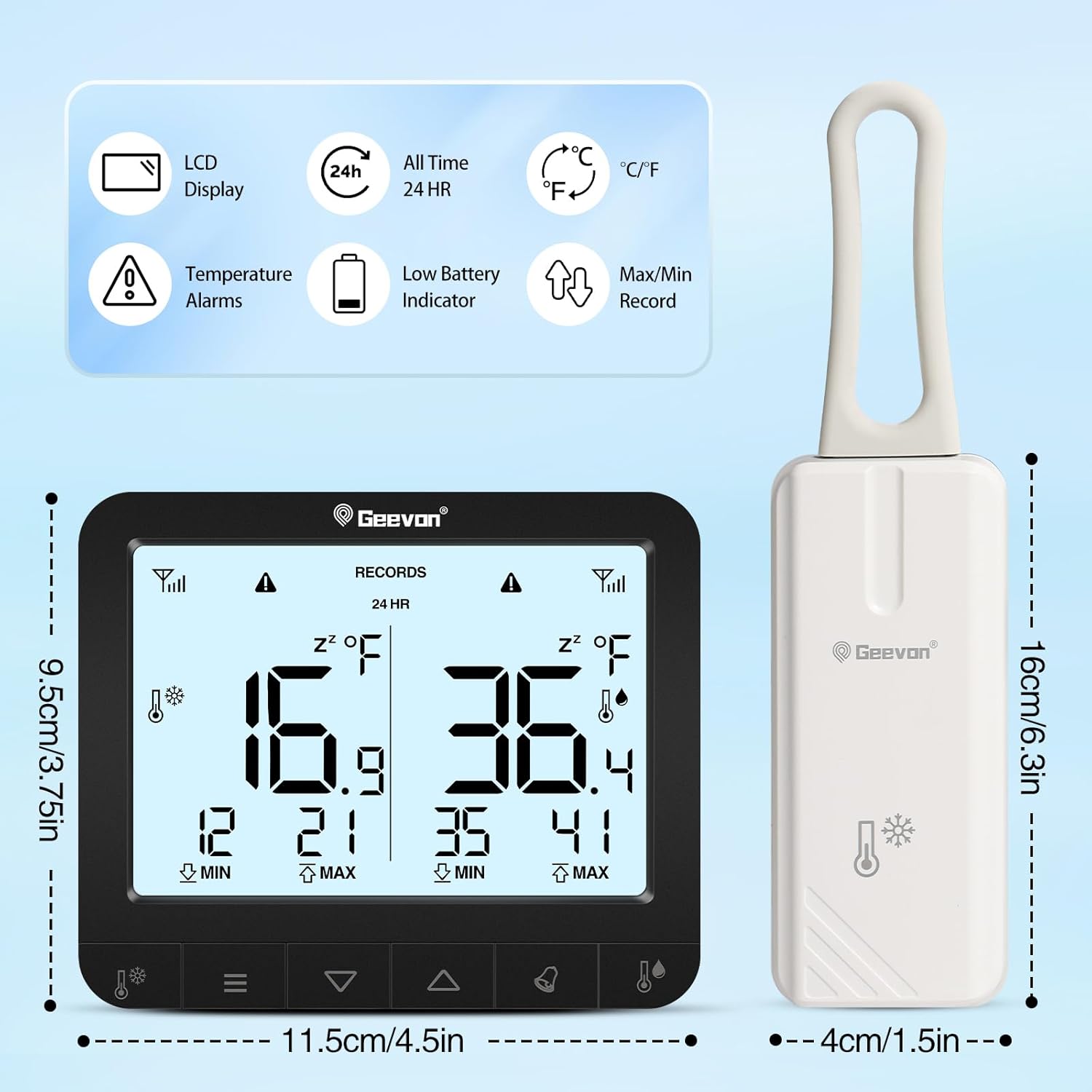 Geevon Digital Refrigerator Thermometer with Alarm, Low Battery Warning Icon, Max/Min Temperature LCD Display, Suitable for Domestic or Commercial Use Freezer Thermometer with Alarm