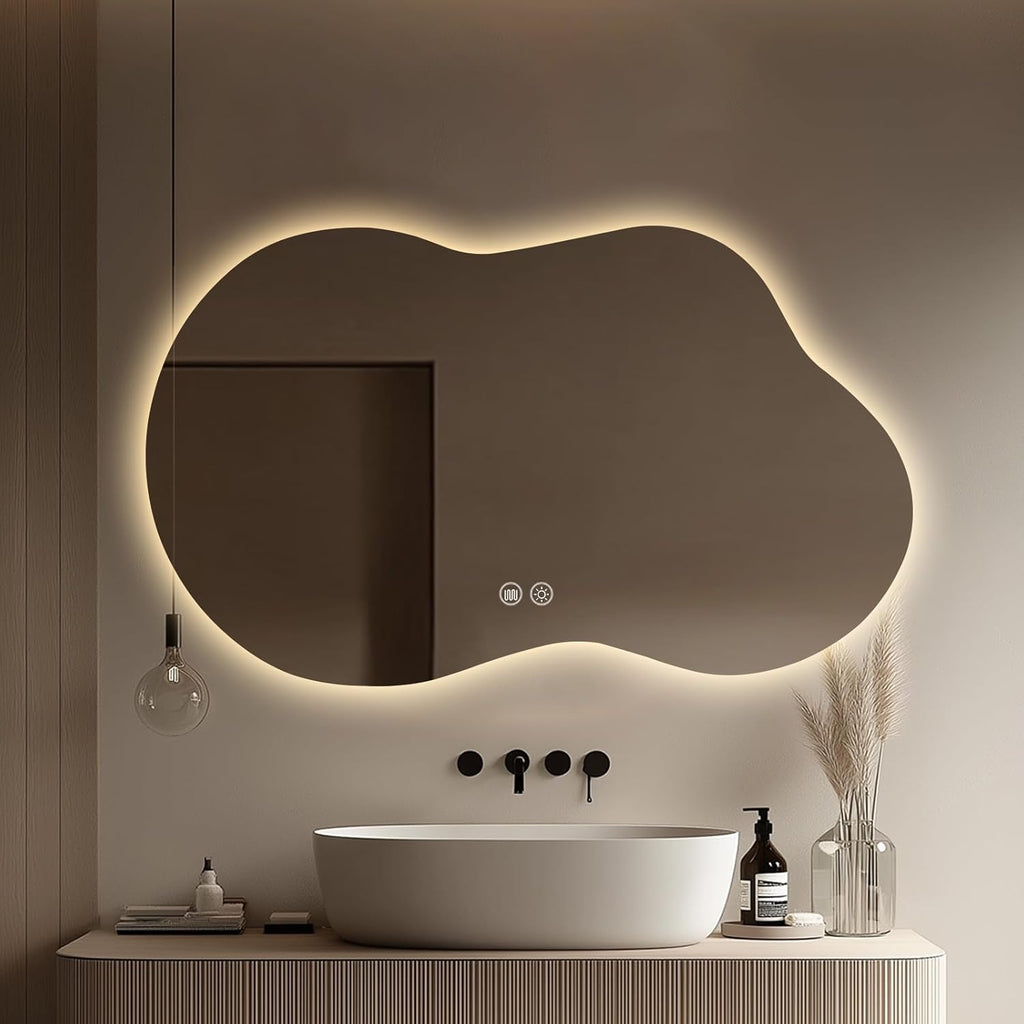 LED Bathroom Mirror with Lights 22x36, Stepless Dimmable Irregular Backlit Mirror with 3 Colors, Anti-Fog, Memory, Al-Alloy Lampshade, Frameless Smart Mirror for Bathroom (Horizontal/Vertical)