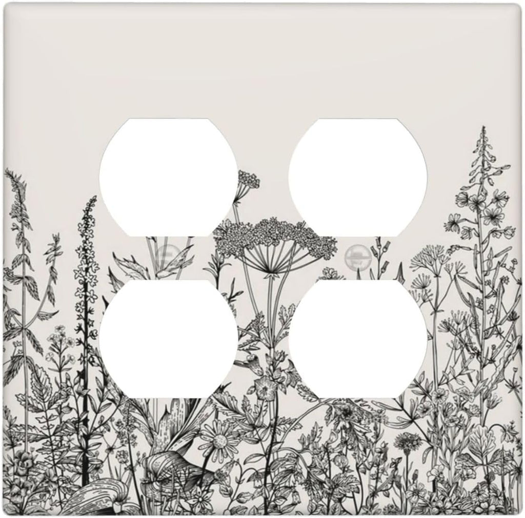 Decorative Outlet Covers Beige Skech Plant Leaves Flowers 2 Gang Wall Plate Cover Double Duplex Receptacle Two Switch Light Switch Cover Plate Jumbo Dual Faceplate for Home Decor