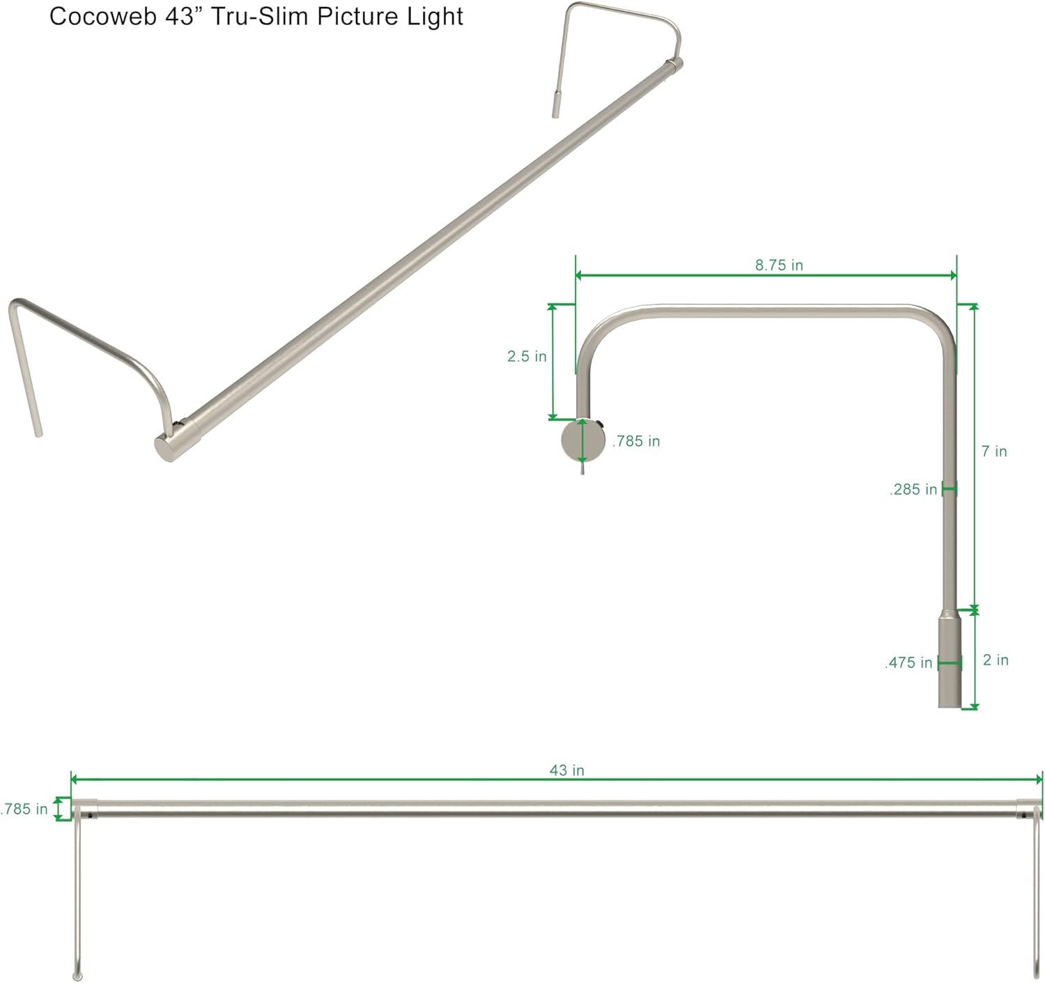 Cocoweb 43 Inch Tru-Slim Satin Nickel Picture Light - LED, 2700K, Adjustable Arm, Plug-in, Toggle Switch, Sleek and Compact Design