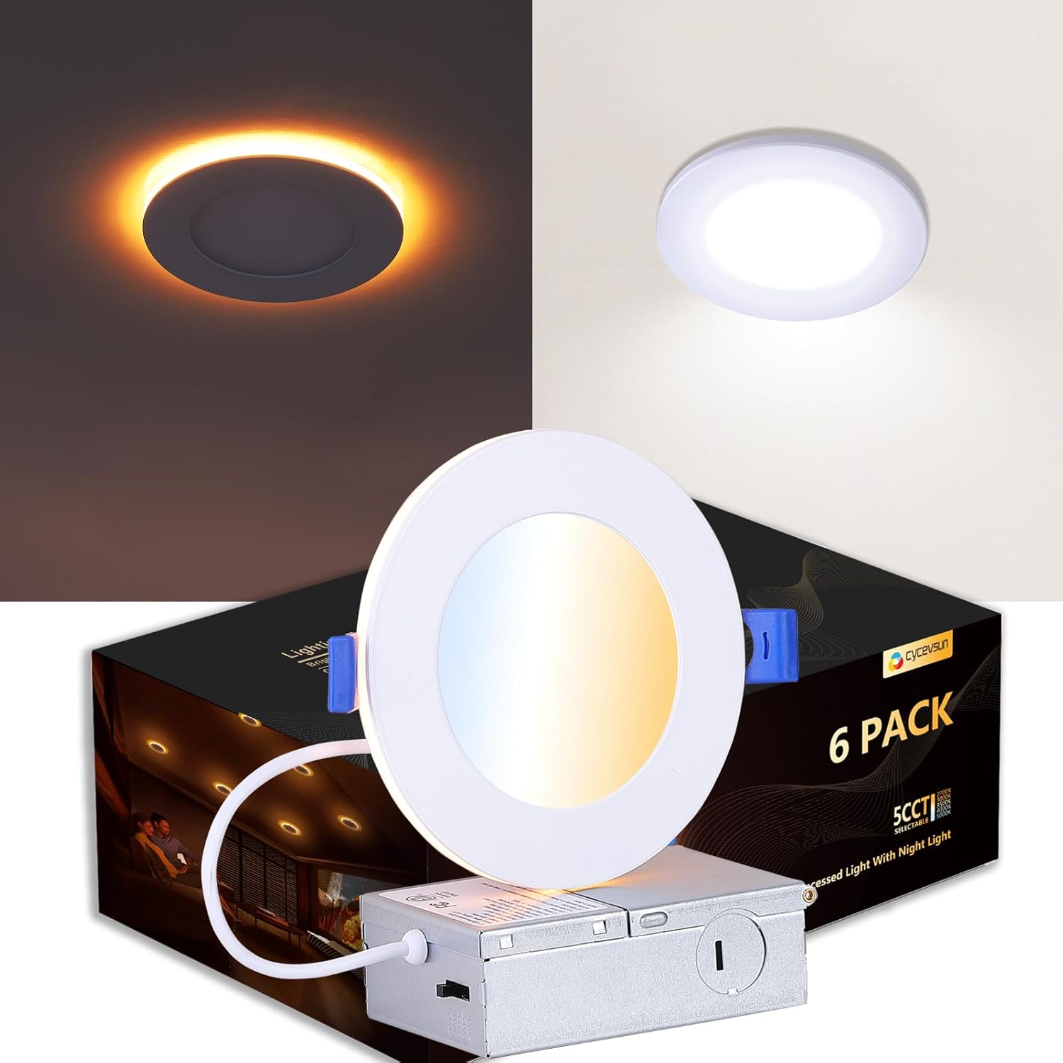 CycevSun Recessed Lighting 4 Inch with Night Light, Dimmable 5CCT Canless Ultra Thin Wafer Downlight Soffit with Junction Box, 9W, ETL & Energy Star, 6 Pack