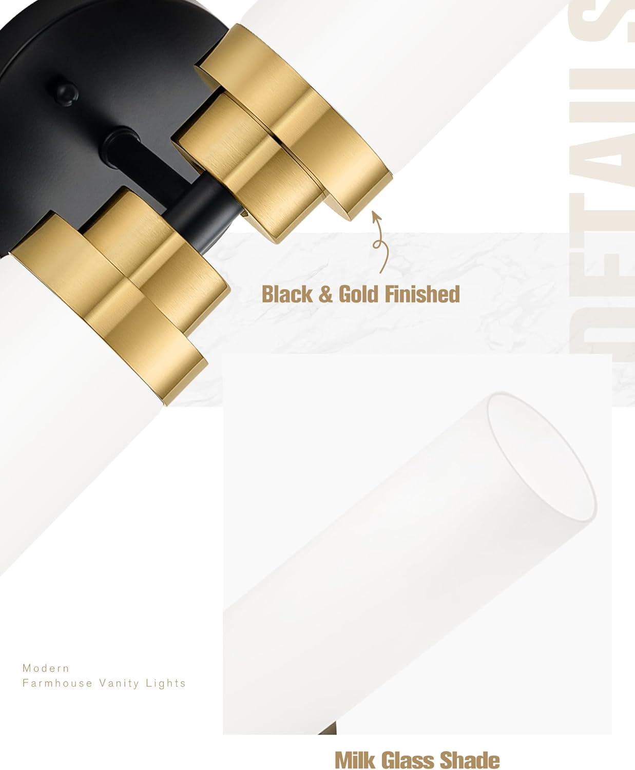 Emak Modern 22 Inch Bathroom Light Fixtures Over Mirror, Black Gold Vanity Lights with Milk Glass Shade, 2-Light Wall Sconce for Bathroom, Bedroom, Hallway, VL085-BKBGD-ML-2