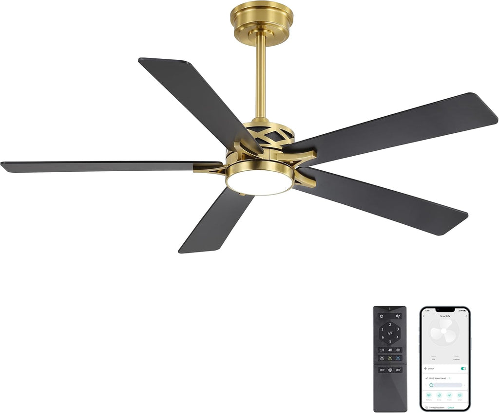 WINGBO 52" Smart Ceiling Fan with Lights, 5 Plywood Blades, 6 Speeds Reversible DC Motor, Works with Alexa and Google Assistant, 3CCT Dimmable LED Ceiling Fan for Bedroom Living Room, Brass and Black