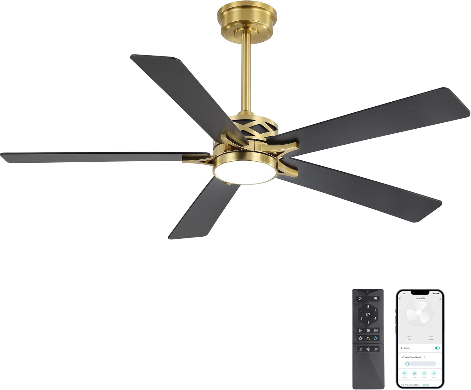WINGBO 60" Smart Ceiling Fan with Lights and 3 Downrods, 5 Plywood Blades, 6 Speeds Reversible DC Motor, Works with Alexa and Google Assistant, 3CCT Dimmable LED Large Ceiling Fans, Brass and Black